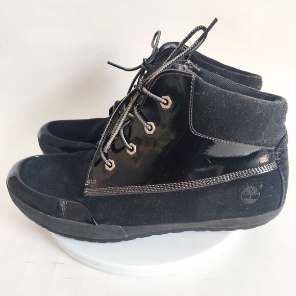 Timberland Womens Chukka Boots 8.5 Lounger Black Patent Leather Lace-up Booties - Picture 3 of 9